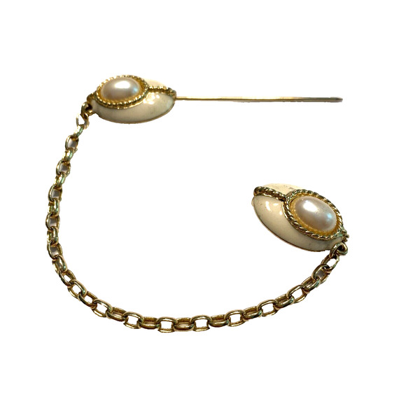 Vintage Monet Stick Pin Brooch Unique Gold & Ivory Enamel Faux Pearl with Chain - Picture 3 of 7